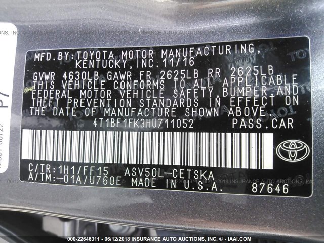 4T1BF1FK3HU711052 - 2017 TOYOTA CAMRY LE/XLE/SE/XSE ნაცრისფერი ფოტო 9