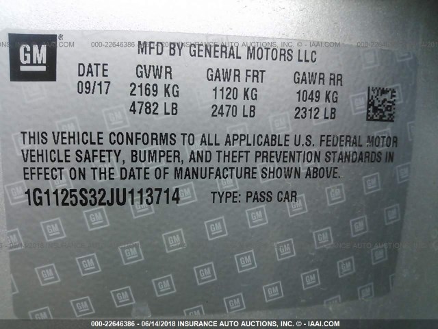 1G1125S32JU113714 - 2018 CHEVROLET IMPALA PREMIER SILVER photo 9