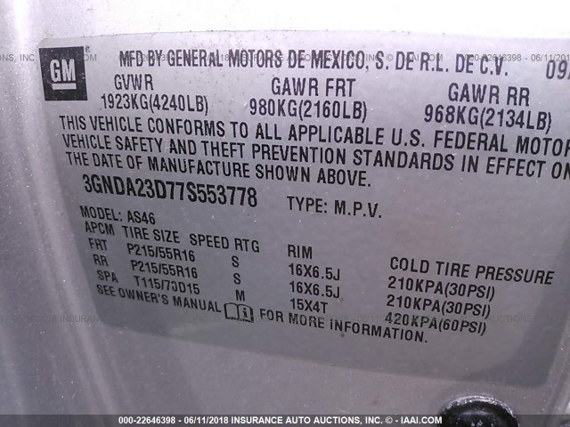 3GNDA23D77S553778 - 2007 CHEVROLET HHR LT SILVER photo 9