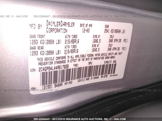 2C4GP54L44R617828 - 2004 CHRYSLER TOWN & COUNTRY TOURING GRAY photo 9