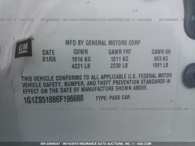 1G1ZS51886F196688 - 2006 CHEVROLET MALIBU LS 白色 照片 9