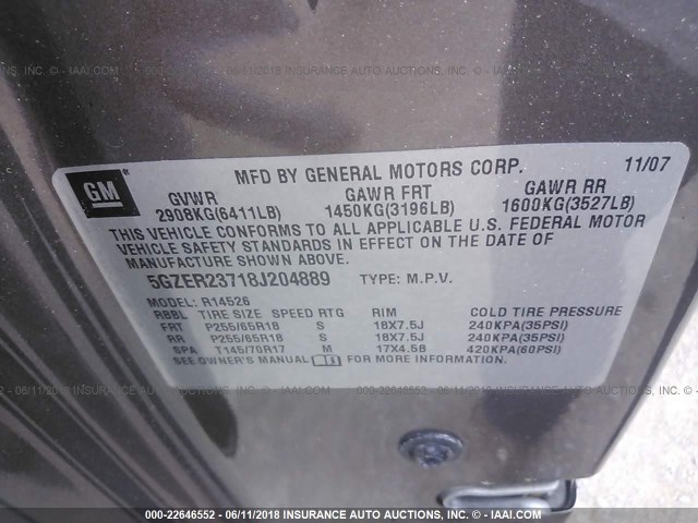 5GZER23718J204889 - 2008 SATURN OUTLOOK XR ყავისფერი ფოტო 9