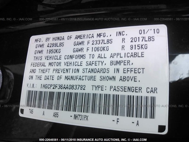 1HGCP2F36AA083792 - 2010 HONDA ACCORD LX 黑色 照片 9