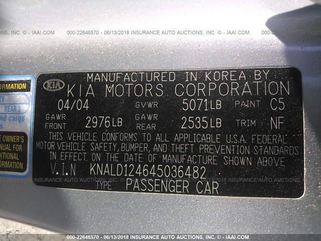 KNALD124645036482 - 2004 KIA AMANTI SILVER photo 9