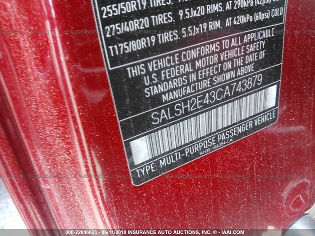 SALSH2E43CA743879 - 2012 LAND ROVER RANGE ROVER SPORT SC RED photo 9