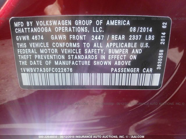 1VWBV7A30FC022676 - 2015 VOLKSWAGEN PASSAT SE RED photo 9