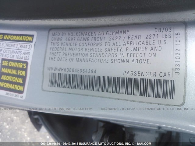 WVWWH63B84E064394 - 2004 VOLKSWAGEN PASSAT GLX 浅蓝色 照片 9