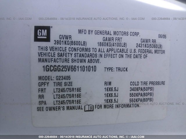 1GCGG25V661101010 - 2006 CHEVROLET EXPRESS G2500  WHITE photo 9