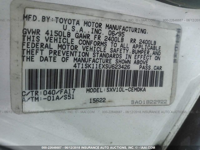 4T1SK11EXSU623426 - 1995 TOYOTA CAMRY DX WHITE photo 9