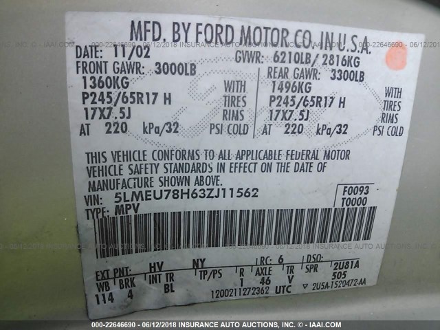 5LMEU78H63ZJ11562 - 2003 LINCOLN AVIATOR 棕色 照片 9