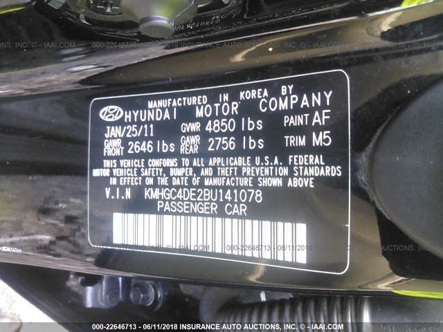 KMHGC4DE2BU141078 - 2011 HYUNDAI GENESIS 3.8L BLACK photo 9