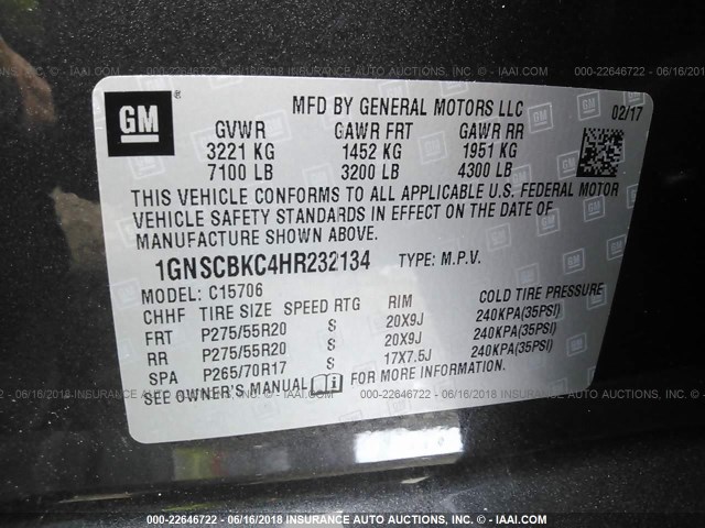 1GNSCBKC4HR232134 - 2017 CHEVROLET TAHOE C1500 LT GRAY photo 9