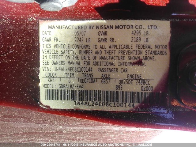 1N4AL24E08C100144 - 2008 NISSAN ALTIMA 2.5S BURGUNDY photo 9