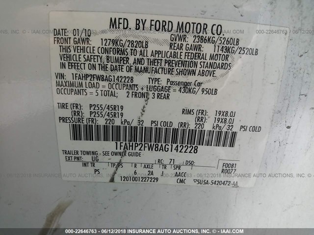 1FAHP2FW8AG142228 - 2010 FORD TAURUS LIMITED WHITE photo 9