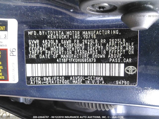 4T1BF1FK0HU685879 - 2017 TOYOTA CAMRY LE/XLE/SE/XSE BLUE photo 9