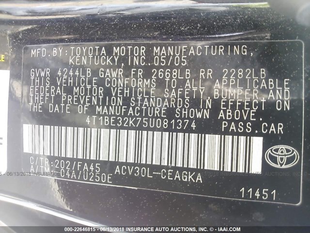 4T1BE32K75U081374 - 2005 TOYOTA CAMRY LE/XLE/SE 黑色 照片 9