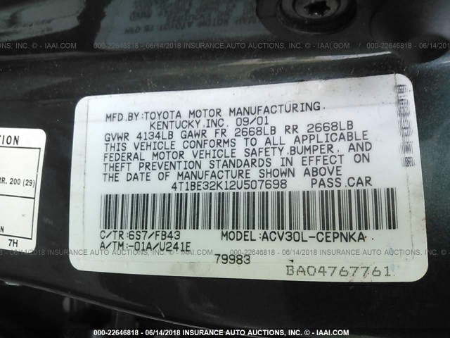 4T1BE32K12U507698 - 2002 TOYOTA CAMRY LE/XLE/SE მწვანე ფოტო 9