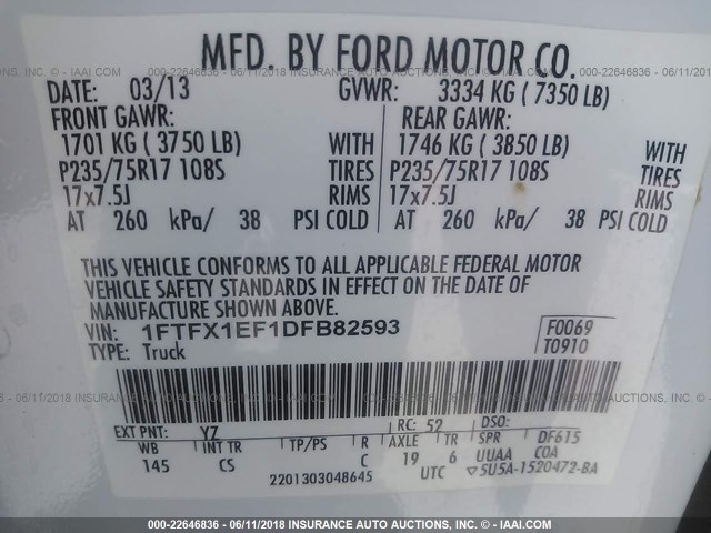 1FTFX1EF1DFB82593 - 2013 FORD F150 SUPER CAB WHITE photo 9