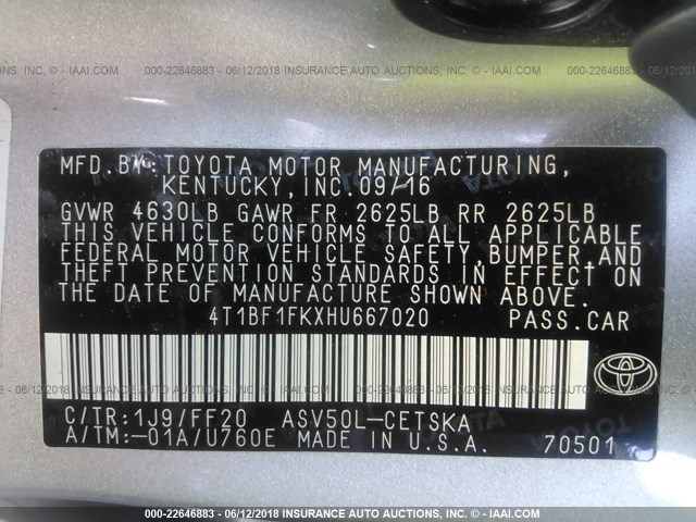 4T1BF1FKXHU667020 - 2017 TOYOTA CAMRY LE/XLE/SE/XSE SILVER photo 9