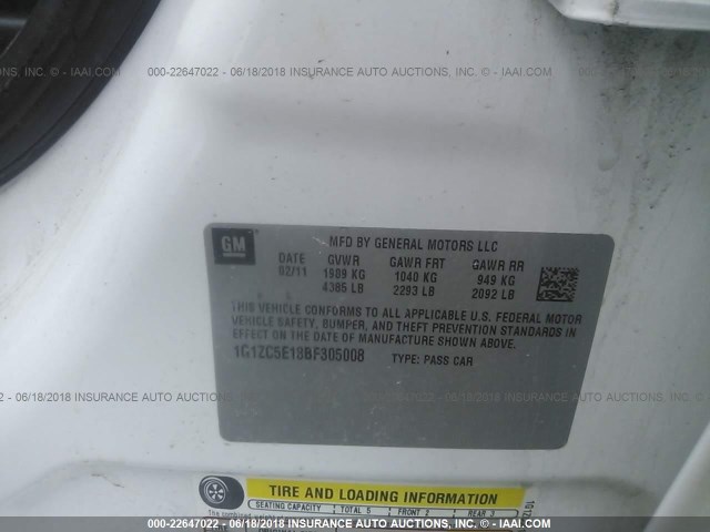 1G1ZC5E18BF305008 - 2011 CHEVROLET MALIBU 1LT WHITE photo 9