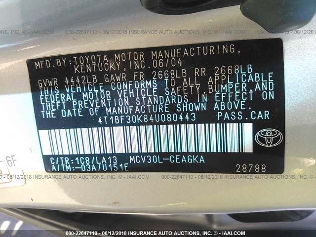 4T1BF30K84U080443 - 2004 TOYOTA CAMRY LE/XLE/SE Gümüş foto 9