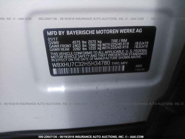 WBXHU7C32H5H34780 - 2017 BMW X1 SDRIVE28I WHITE photo 9