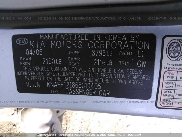 KNAFE121865319405 - 2006 KIA NEW SPECTRA LX/EX BLUE photo 9