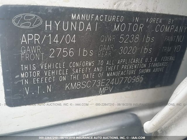 KM8SC73E24U770985 - 2004 HYUNDAI SANTA FE GLS/LX WHITE photo 9