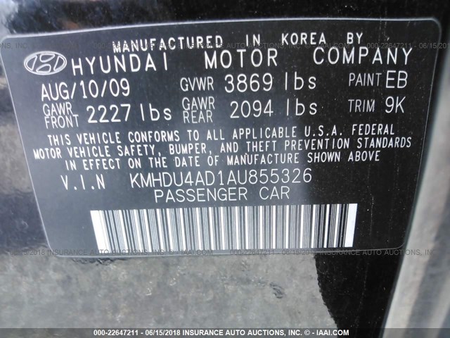 KMHDU4AD1AU855326 - 2010 HYUNDAI ELANTRA BLUE/GLS/SE BLACK photo 9