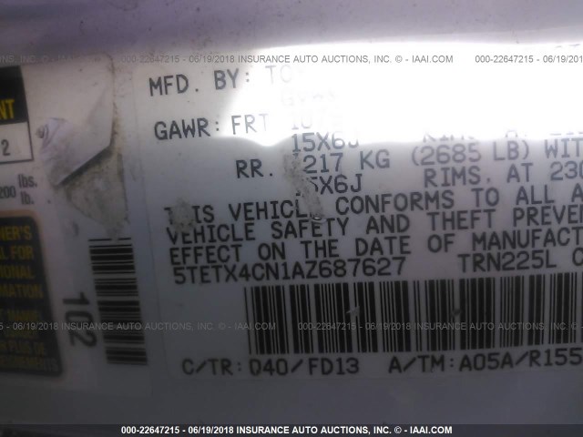 5TETX4CN1AZ687627 - 2010 TOYOTA TACOMA ACCESS CAB WHITE photo 9