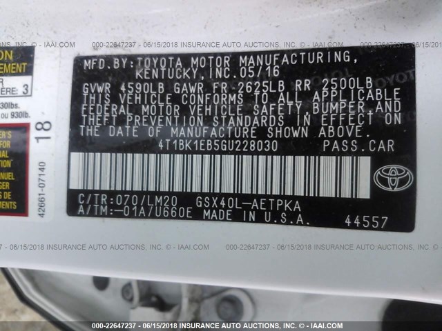 4T1BK1EB5GU228030 - 2016 TOYOTA AVALON XLE PLUS/PREMIUM/TOUR/LTD WHITE photo 9