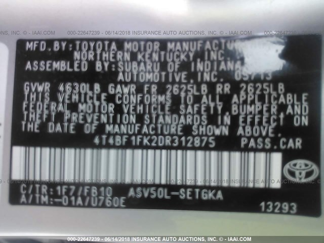 4T4BF1FK2DR312875 - 2013 TOYOTA CAMRY L/SE/LE/XLE 银色 照片 9