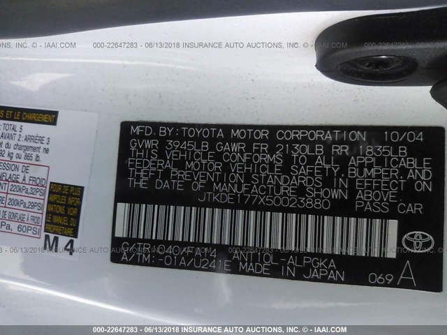 JTKDE177X50023880 - 2005 TOYOTA SCION TC თეთრი ფოტო 9