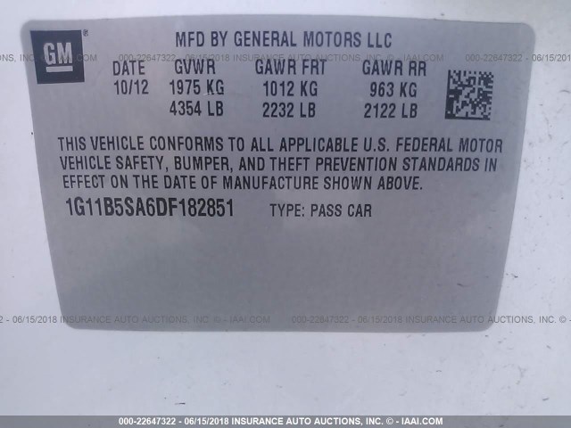 1G11B5SA6DF182851 - 2013 CHEVROLET MALIBU LS Ақ фото 9