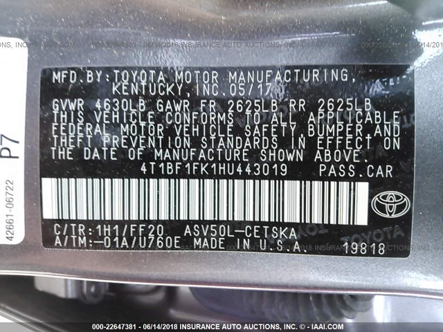 4T1BF1FK1HU443019 - 2017 TOYOTA CAMRY LE/XLE/SE/XSE GRAY photo 9