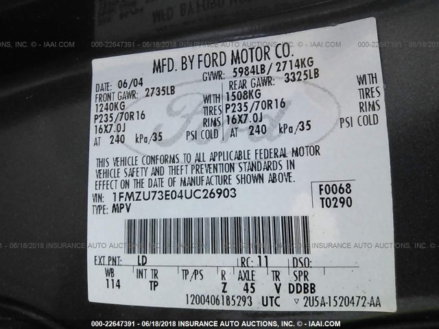 1FMZU73E04UC26903 - 2004 FORD EXPLORER XLT/XLT SPORT/NBX 蓝色 照片 9