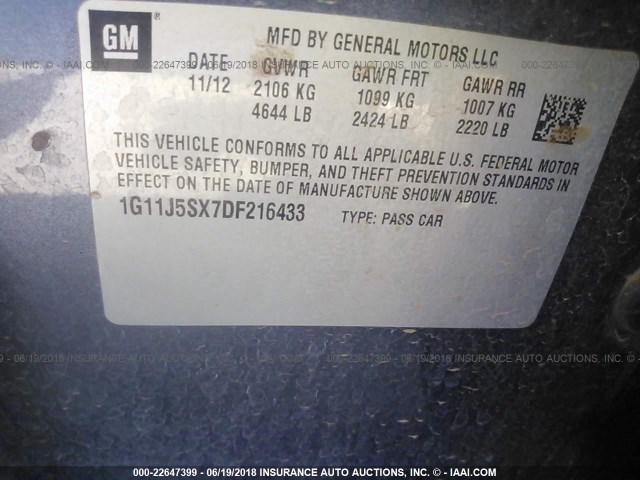 1G11J5SX7DF216433 - 2013 CHEVROLET MALIBU LTZ 灰色 照片 9