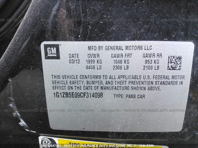 1G1ZB5E09CF314098 - 2012 CHEVROLET MALIBU LS Qara foto 9