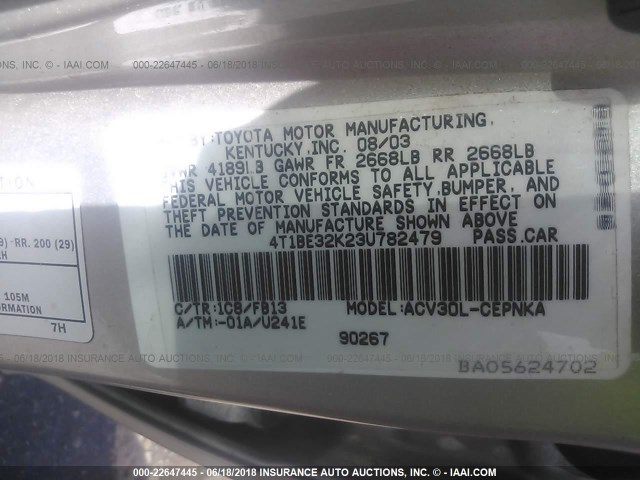 4T1BE32K23U782479 - 2003 TOYOTA CAMRY LE/XLE/SE ვერცხლისფერი ფოტო 9