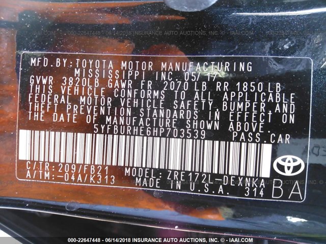 5YFBURHE6HP703539 - 2017 TOYOTA COROLLA L/LE/XLE/SE/XSE შავი ფოტო 9