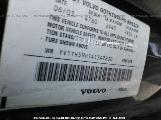 YV1TH59H141347830 - 2004 VOLVO S80 2.5T BLACK photo 9