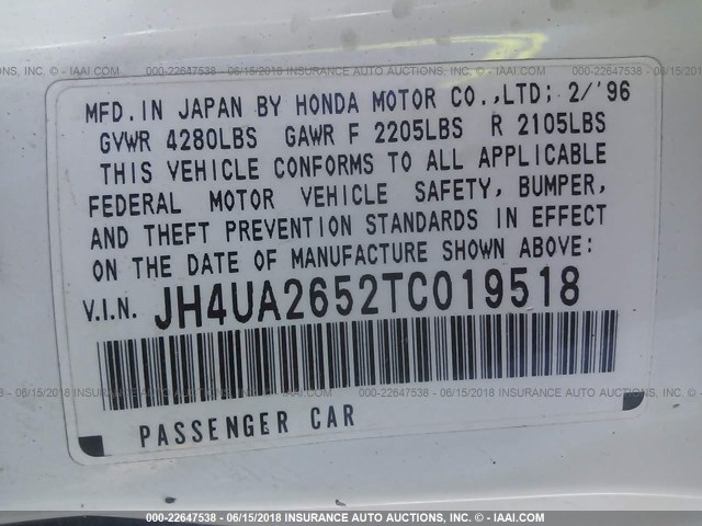 JH4UA2652TC019518 - 1996 ACURA 2.5TL Білий фото 9