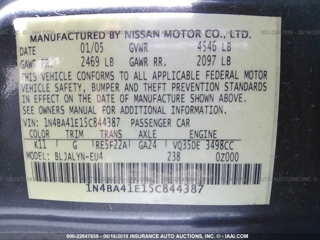 1N4BA41E15C844387 - 2005 NISSAN MAXIMA SE/SL GRAY photo 9