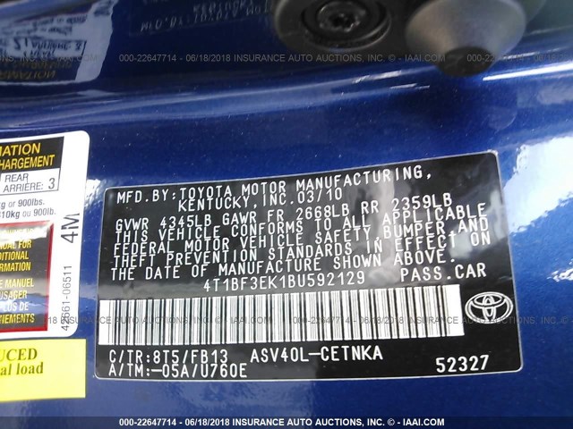 4T1BF3EK1BU592129 - 2011 TOYOTA CAMRY SE/LE/XLE BLUE photo 9