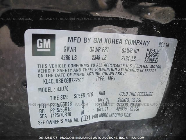 KL4CJBSBXGB722511 - 2016 BUICK ENCORE CONVENIENCE Շագանակագույն լուսանկար 9