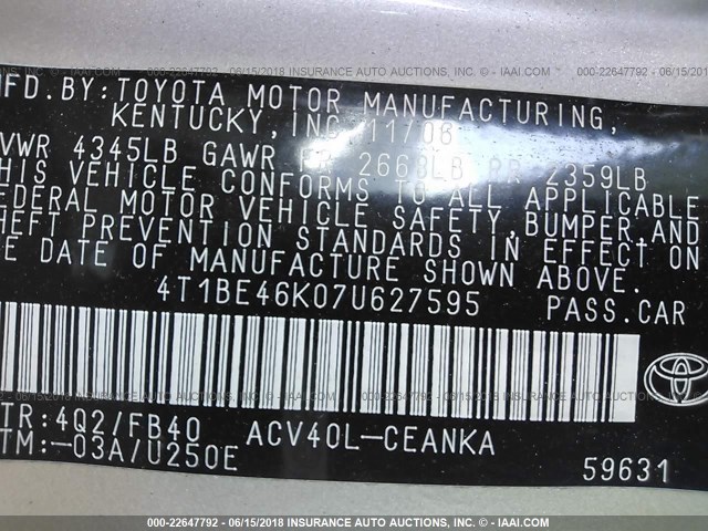 4T1BE46K07U627595 - 2007 TOYOTA CAMRY NEW GENERAT CE/LE/XLE/SE GOLD photo 9