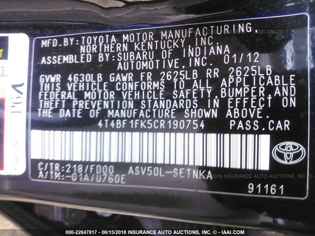 4T4BF1FK5CR190754 - 2012 TOYOTA CAMRY SE/LE/XLE BLACK photo 9