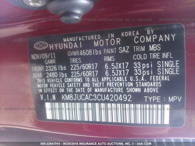 KM8JUCAC3CU420492 - 2012 HYUNDAI TUCSON GLS/LIMITED 红色 照片 9