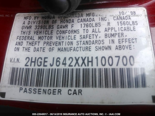 2HGEJ642XXH100700 - 1999 HONDA CIVIC CX RED photo 9