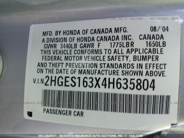 2HGES163X4H635804 - 2004 HONDA CIVIC DX VP SILVER photo 9